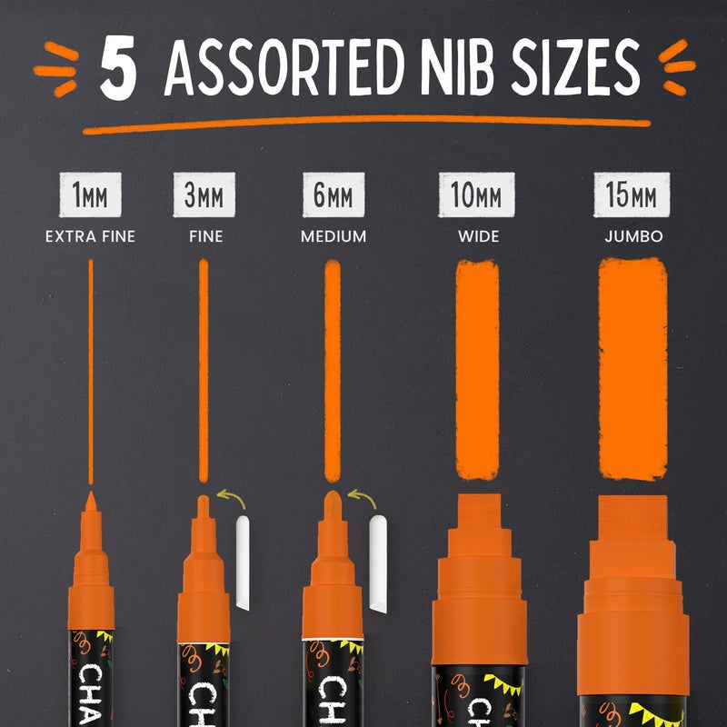 Chalkola 5 Orange Chalkboard Chalk Markers - Orange Dry Erase Markers for Blackboard, Chalkboard Signs, Windows, Glass | Variety Pack - Fine & Jumbo Size Ink Pen (1mm, 3mm, 6mm, 10mm, 15mm) - Image 2